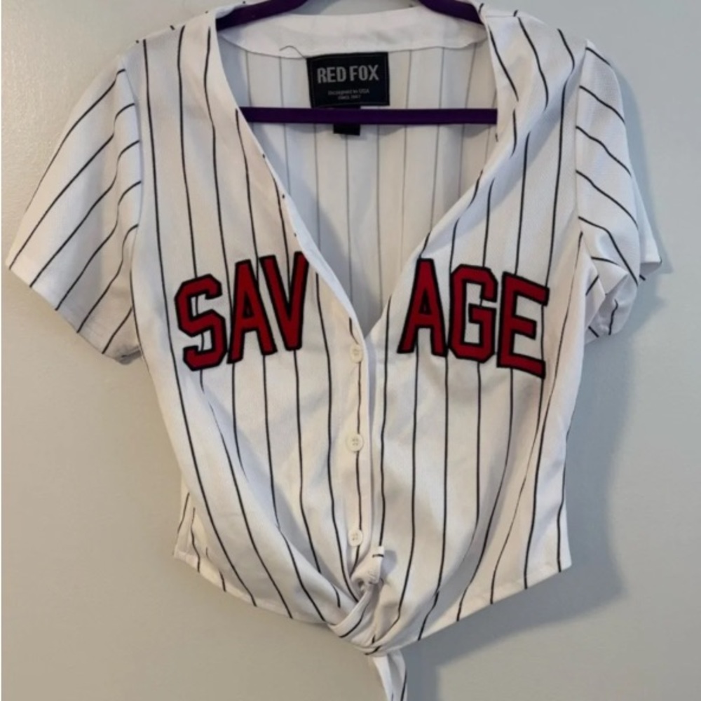 Red Fox White Pinstripe Tie-Front 'SAVAGE' Cropped Top